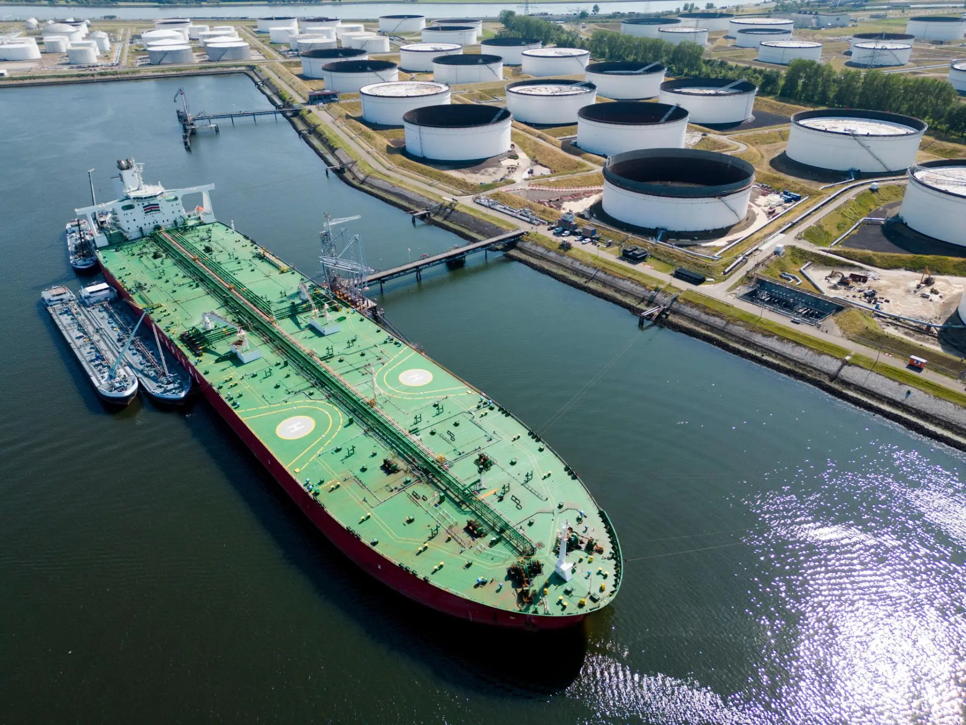 Petroleum tanker berthed beside a storage terminal
